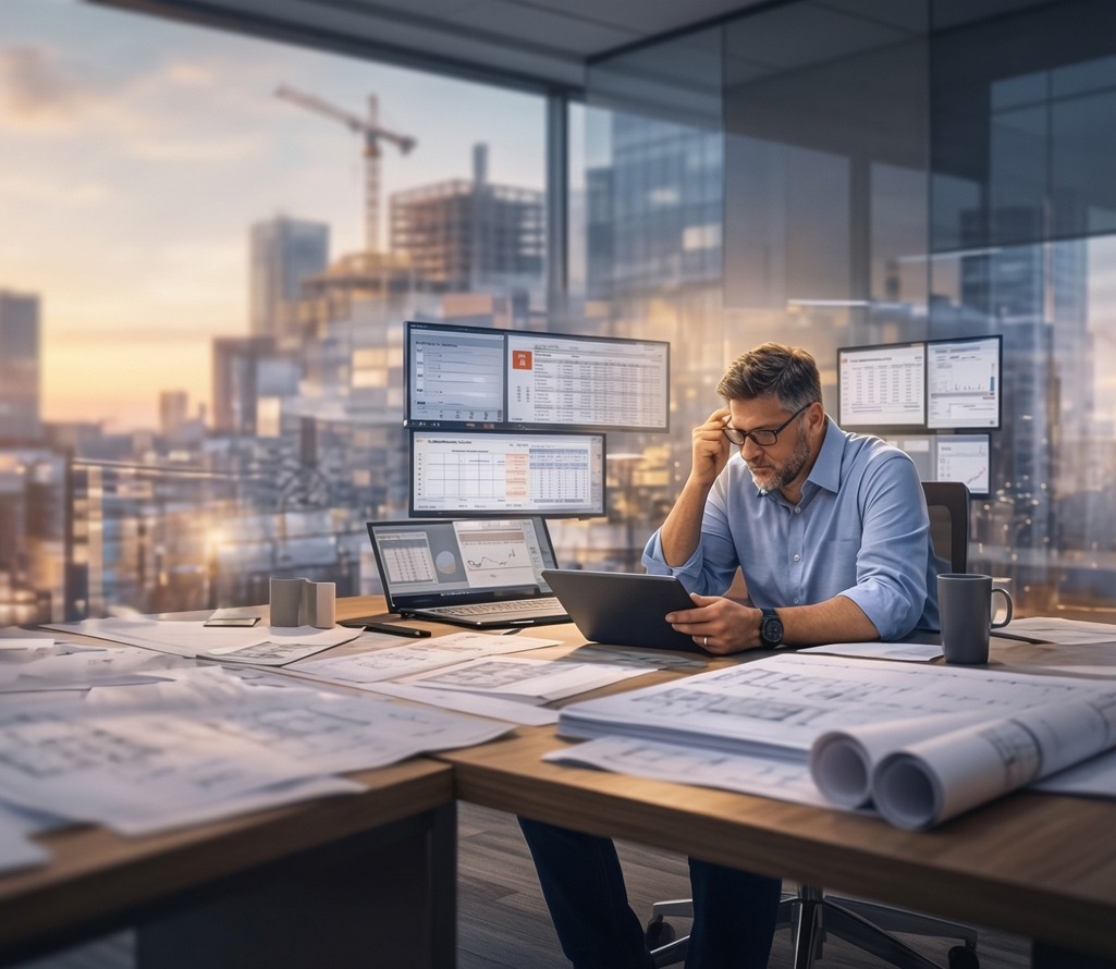 Construction project manager reviewing disconnected Procore and QuickBooks data on site